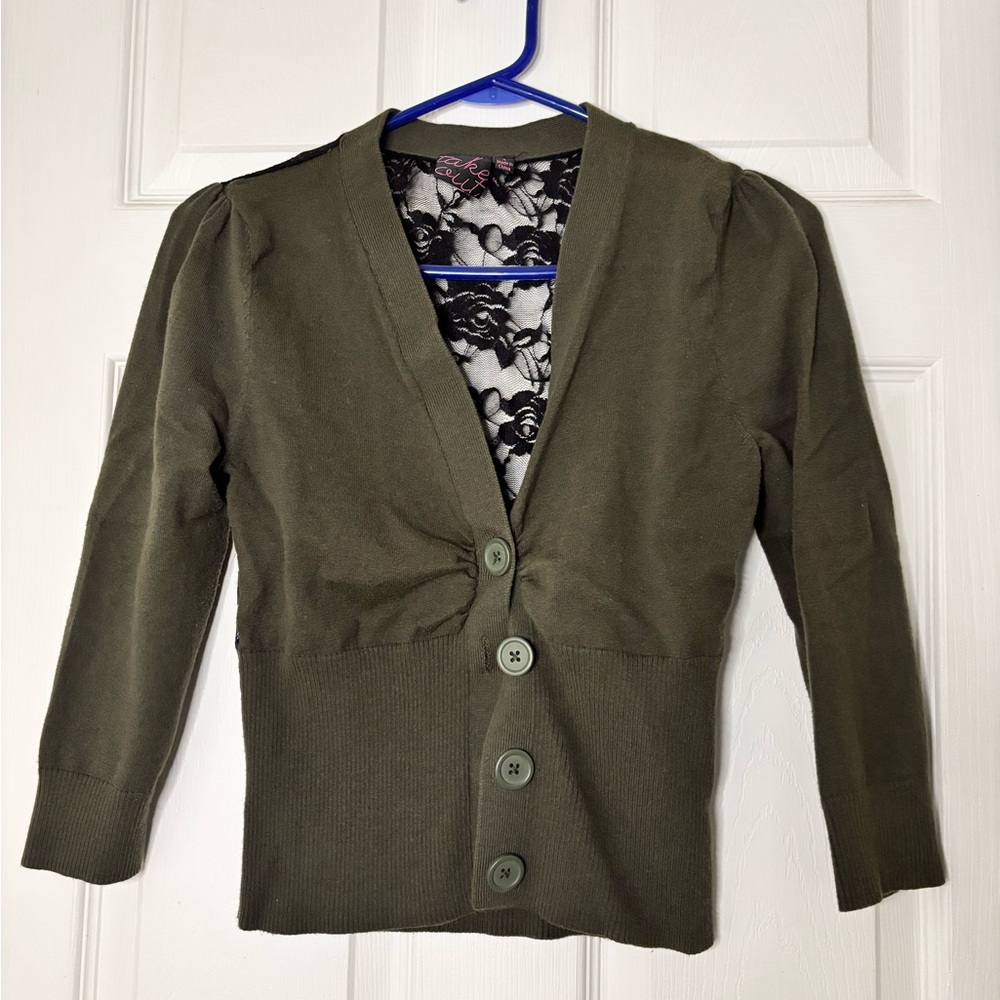 Take Out Olive Cardigan with Lace Detail